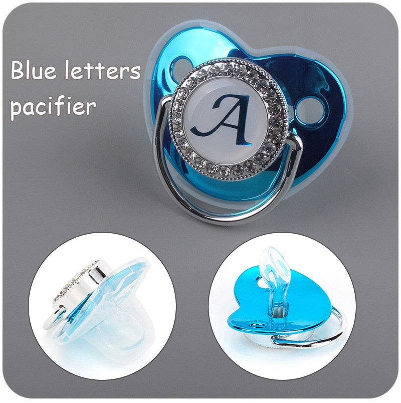 Sucette de bébé bleue de luxe BPA Sans silicone Nom Lettre initiale avec clip silicone Orthodontie ™