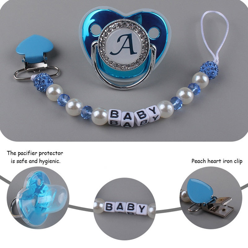 Sucette de bébé bleue de luxe BPA Sans silicone Nom Lettre initiale avec clip silicone Orthodontie ™