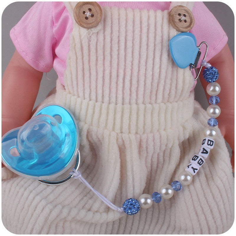 Sucette de bébé bleue de luxe BPA Sans silicone Nom Lettre initiale avec clip silicone Orthodontie ™