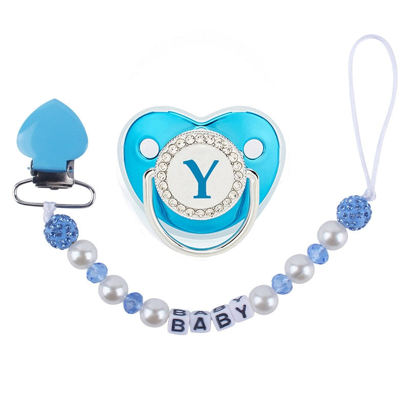 Sucette de bébé bleue de luxe BPA Sans silicone Nom Lettre initiale avec clip silicone Orthodontie ™