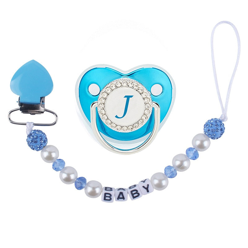 Sucette de bébé bleue de luxe BPA Sans silicone Nom Lettre initiale avec clip silicone Orthodontie ™